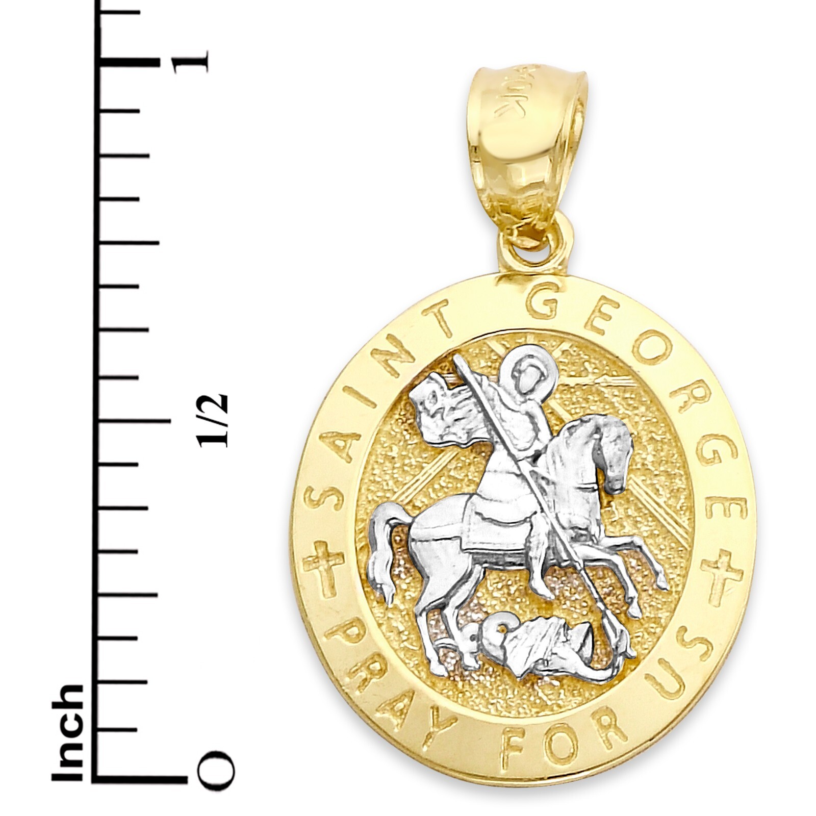 10k Solid Two-Tone Gold Saint George Pendant with Engraving – Religious Jewelry