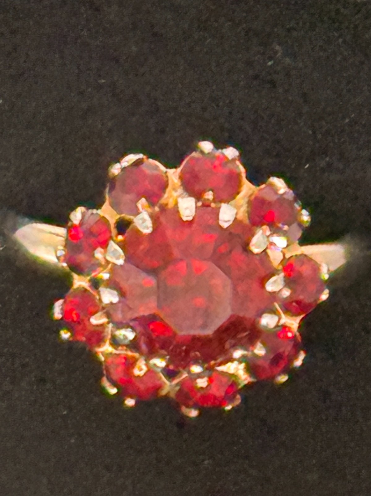 Deep Burgundy ring features a cluster of red rhinestones in a gold-tone setting.