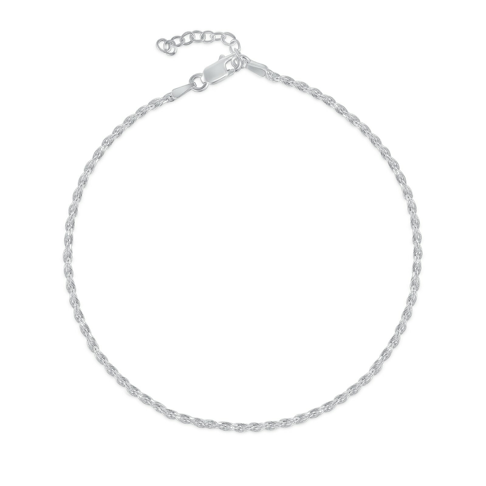 925 Sterling Silver Rope 2mm Anklet Adjustable 9″+1″ Extension
