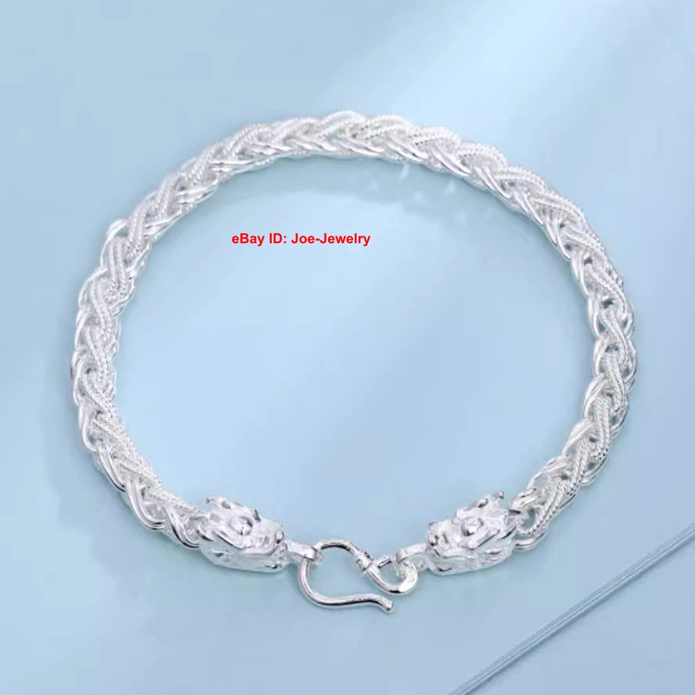 Pure 999 Fine Silver Bracelet Dragon Head and Wheat Link Chain Bracelet 7.1-7.9″