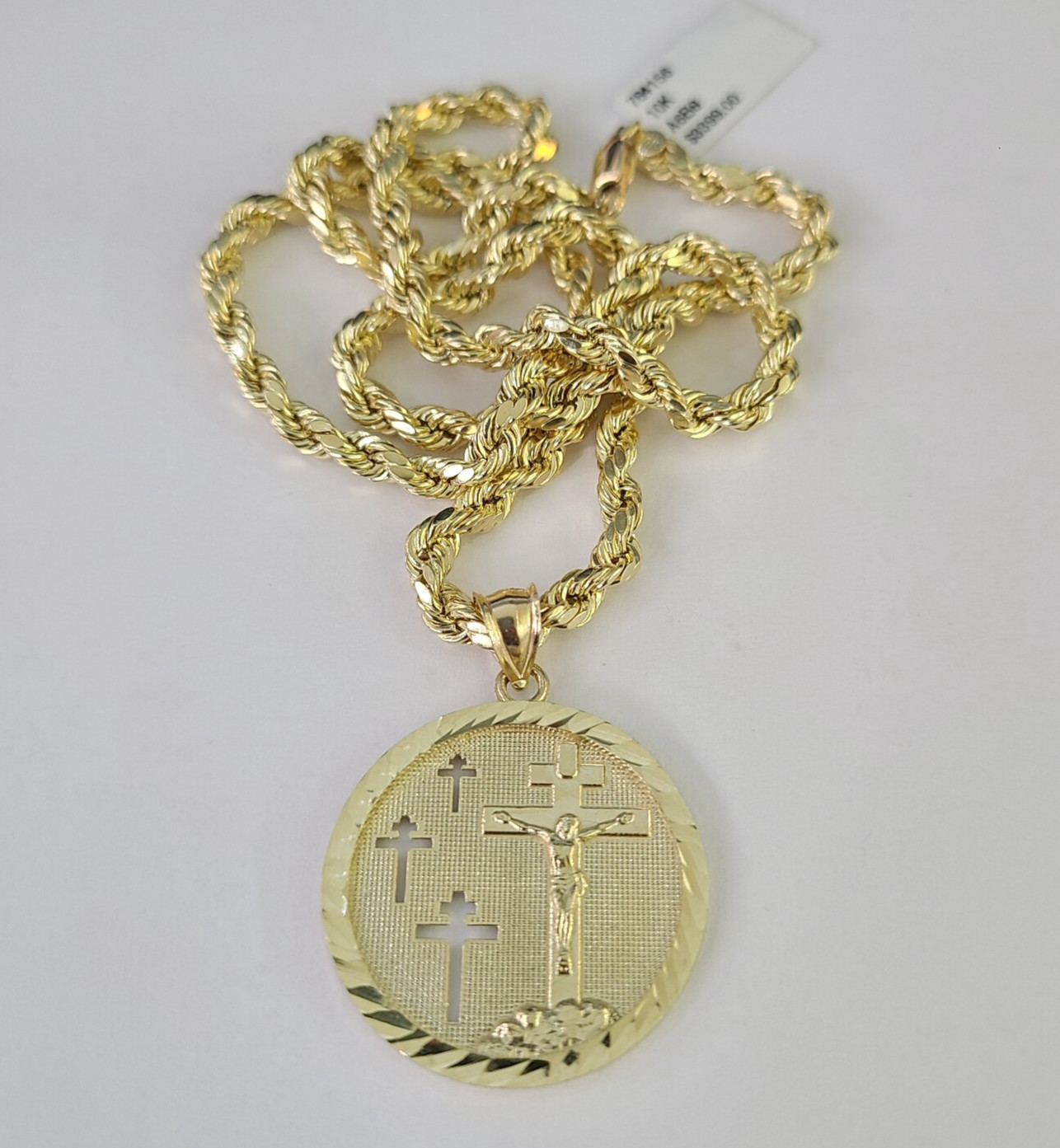 REAL 10k Jesus Medallion Cross Charm Rope Chain Pendant 4mm Necklace Set 18″-28″
