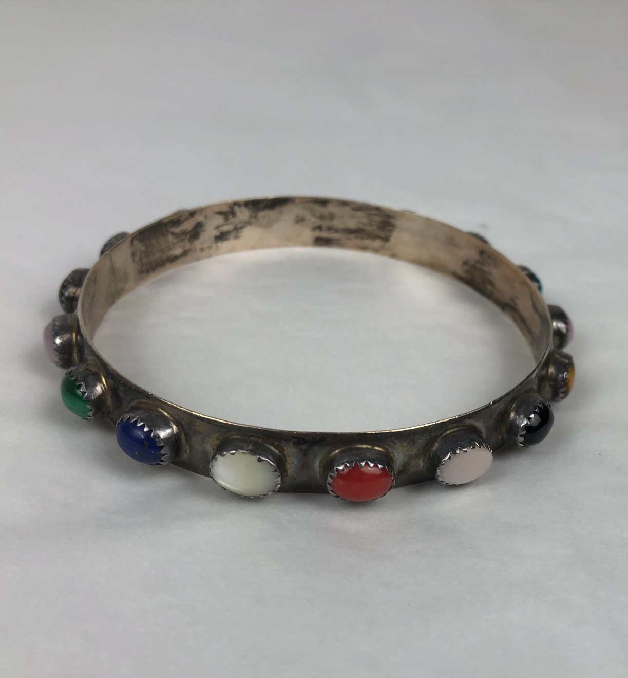 Sterling Silver Bangle bracelet inlaid semi precious stones coral lapis other