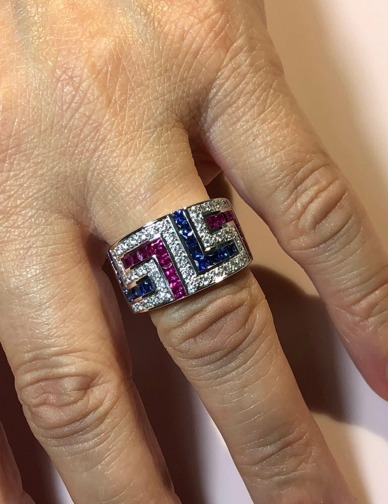 Beautiful Vivid Lab-Created Blue Sapphire & Queen Pink Ruby Key Wedding Ring