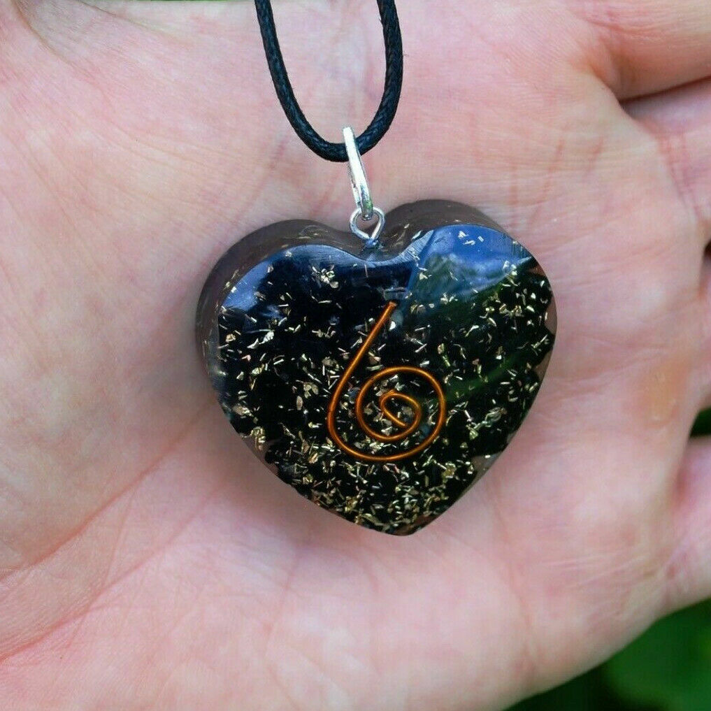 Natural Black Tourmaline Necklace Orgonite Crystal Heart Orgone Energy Pendant