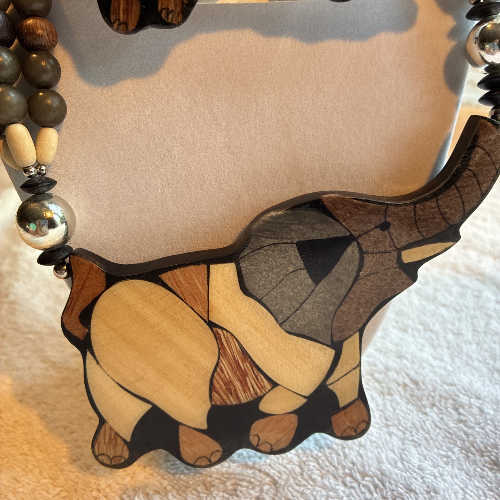 Vintage Lee Sands Wood Inlay Elephant Necklace and Earrings Made In Philippines