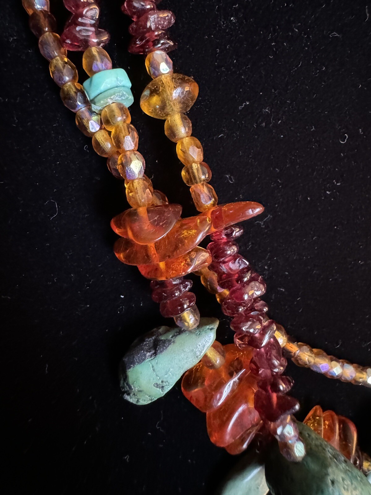 Vintage Handmade Amber Turquoise Sterling Silver 925 Multi Strand Necklace