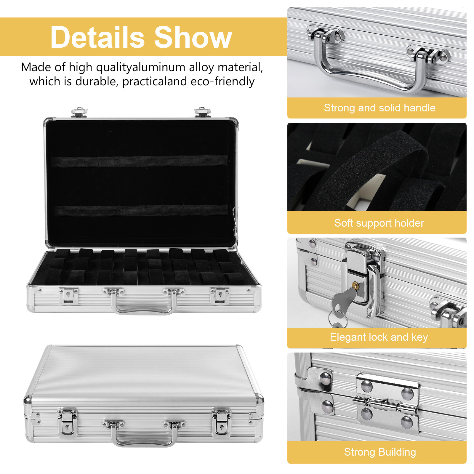 24+8 Slots Aluminum Watch Case Lockable Storage Box Jewelry Display Suitcase