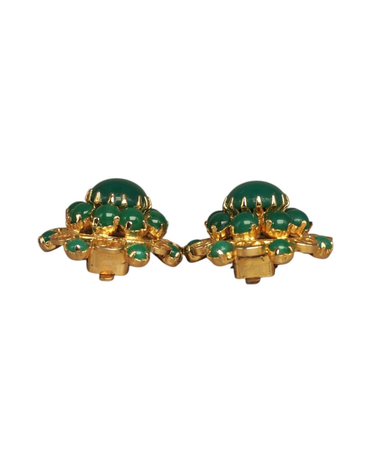 Mid-Century Gold-Tone Filigree Green Cabochon Clip-On Earrings