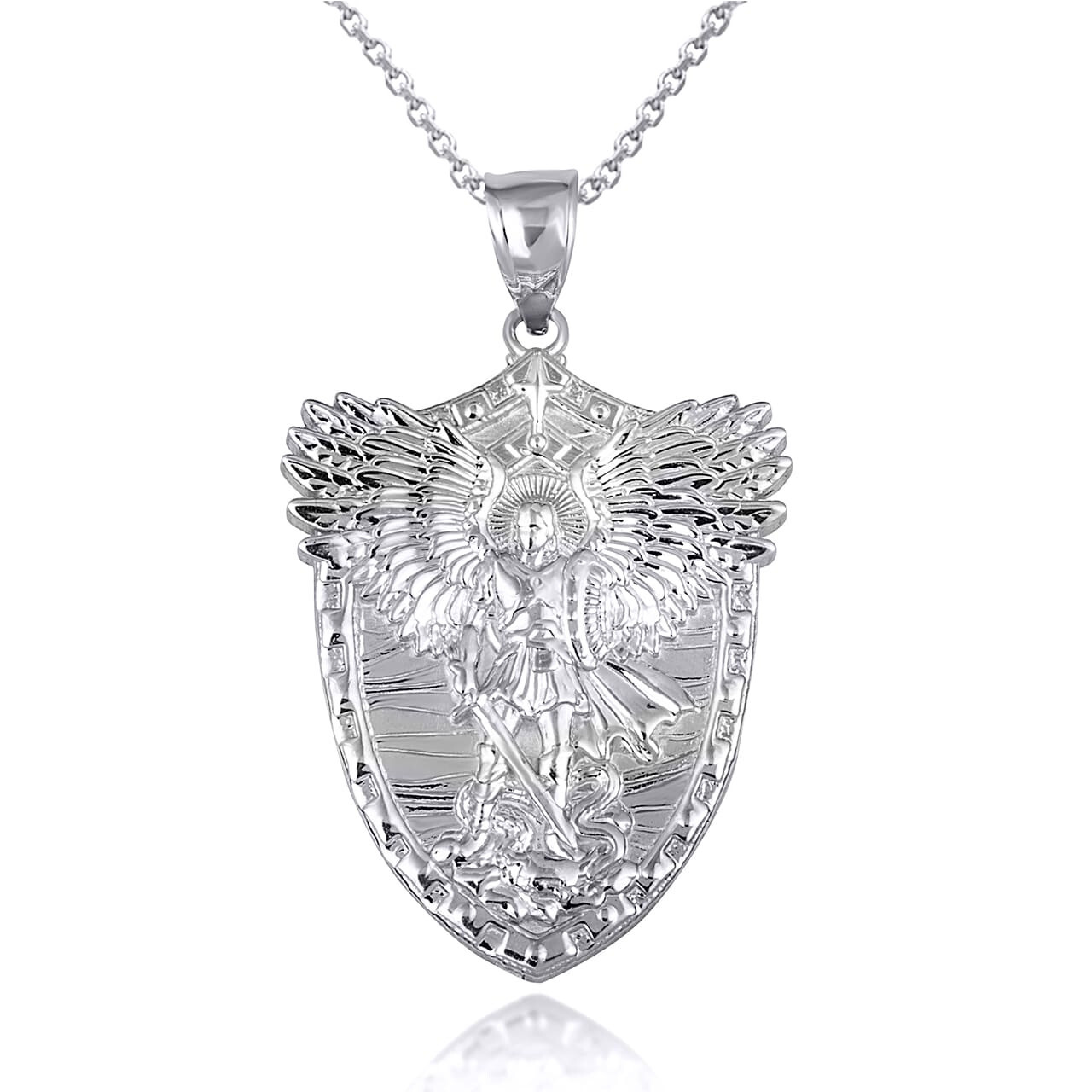 .925 Sterling Silver Archangel St. Michael Wings Sword & Shield Pendant Necklace