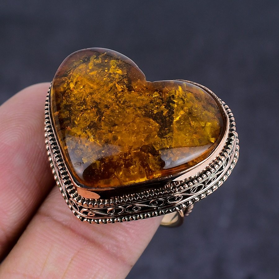 Baltic Amber Gemstone Copper Jewelry Ring Size 9 Gift for Her t943