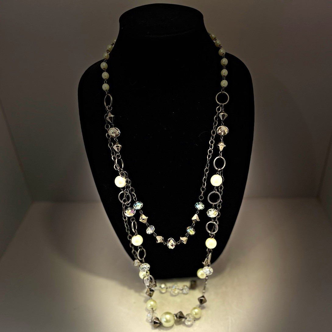 Unbranded Gunmetal Layered Statement Necklace Faux Pearl Crystal Cube Beaded 34″