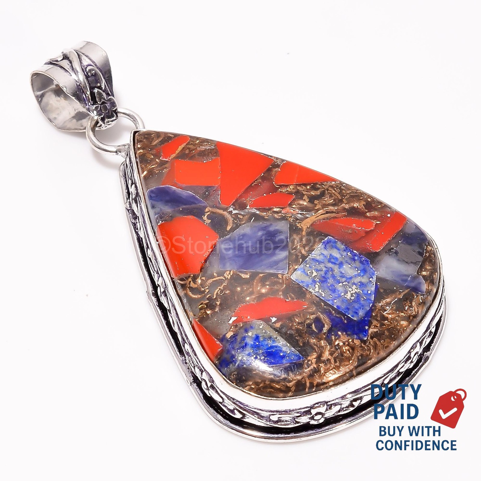 Natural Spiny Copper Lapis Lazuli Coral Sterling Silver Handcrafted Boho Pendant