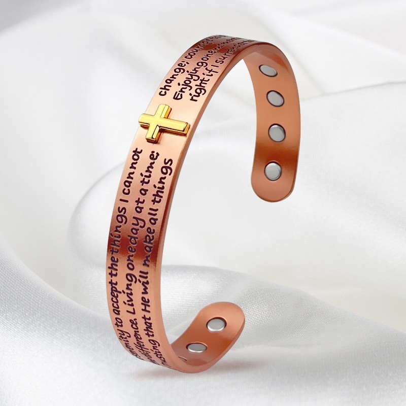 Engraved Cross Magnetic Energy Bracelet Serenity Prayer Adjustable Jewelry Cuff