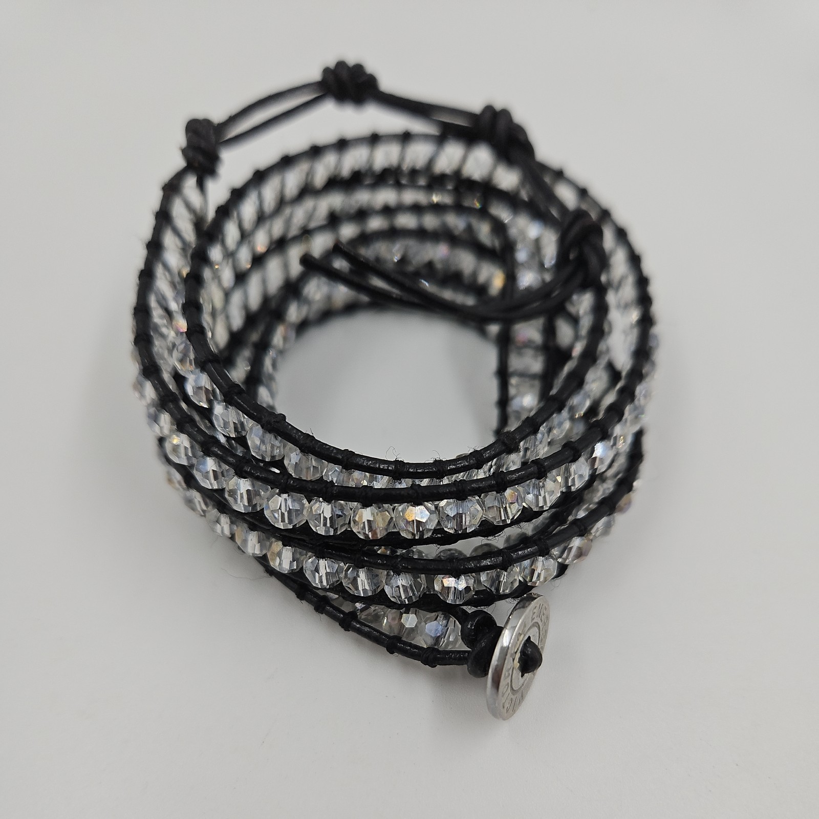 VICTORIA EMERSON Clear AB Crystal Beads in Black Leather Wrap Bracelet