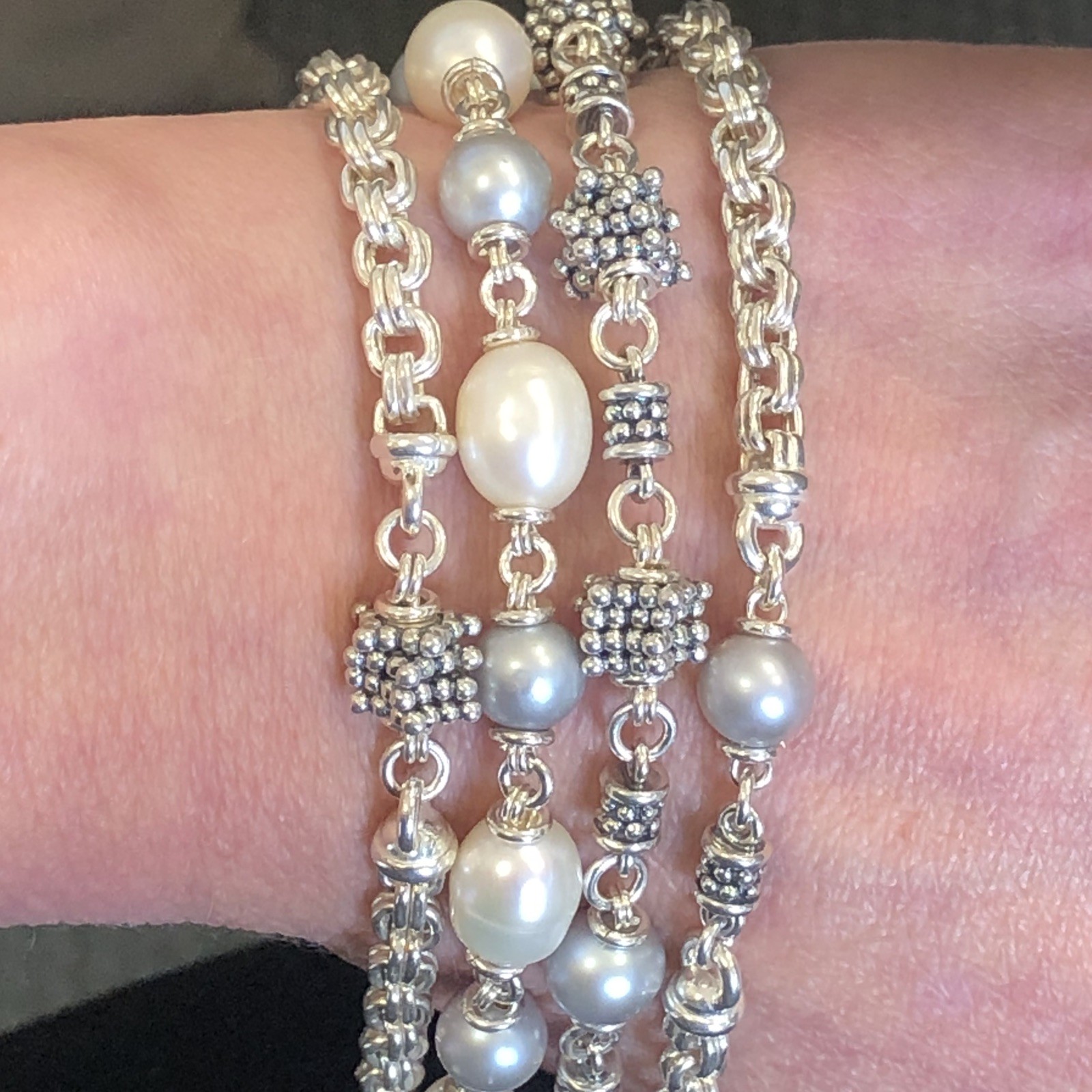 Excellent! Michael Dawkins Sterling Silver & Pearl 4-Strand Chain Bracelet 8″
