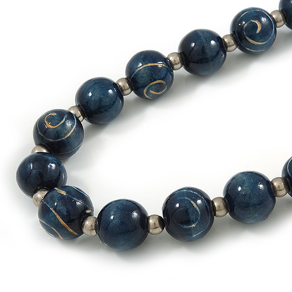 Chunky Round Wooden Bead Long Necklace/ Dark Blue/ 82cm Long