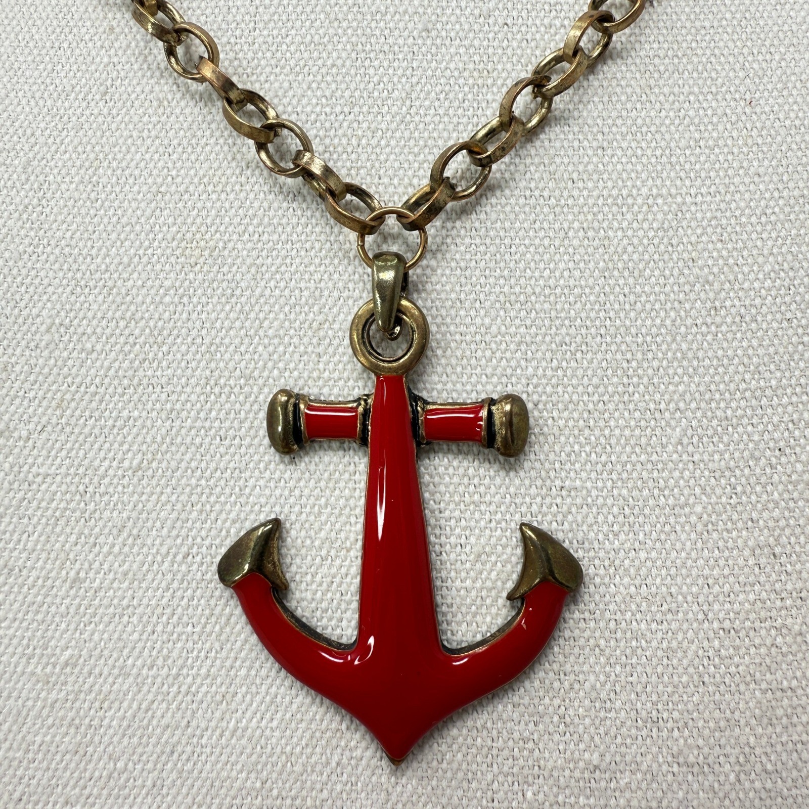 Anchor Pendant Necklace Red Enamel Vintage Gold Tone Chain Nautical Maritime