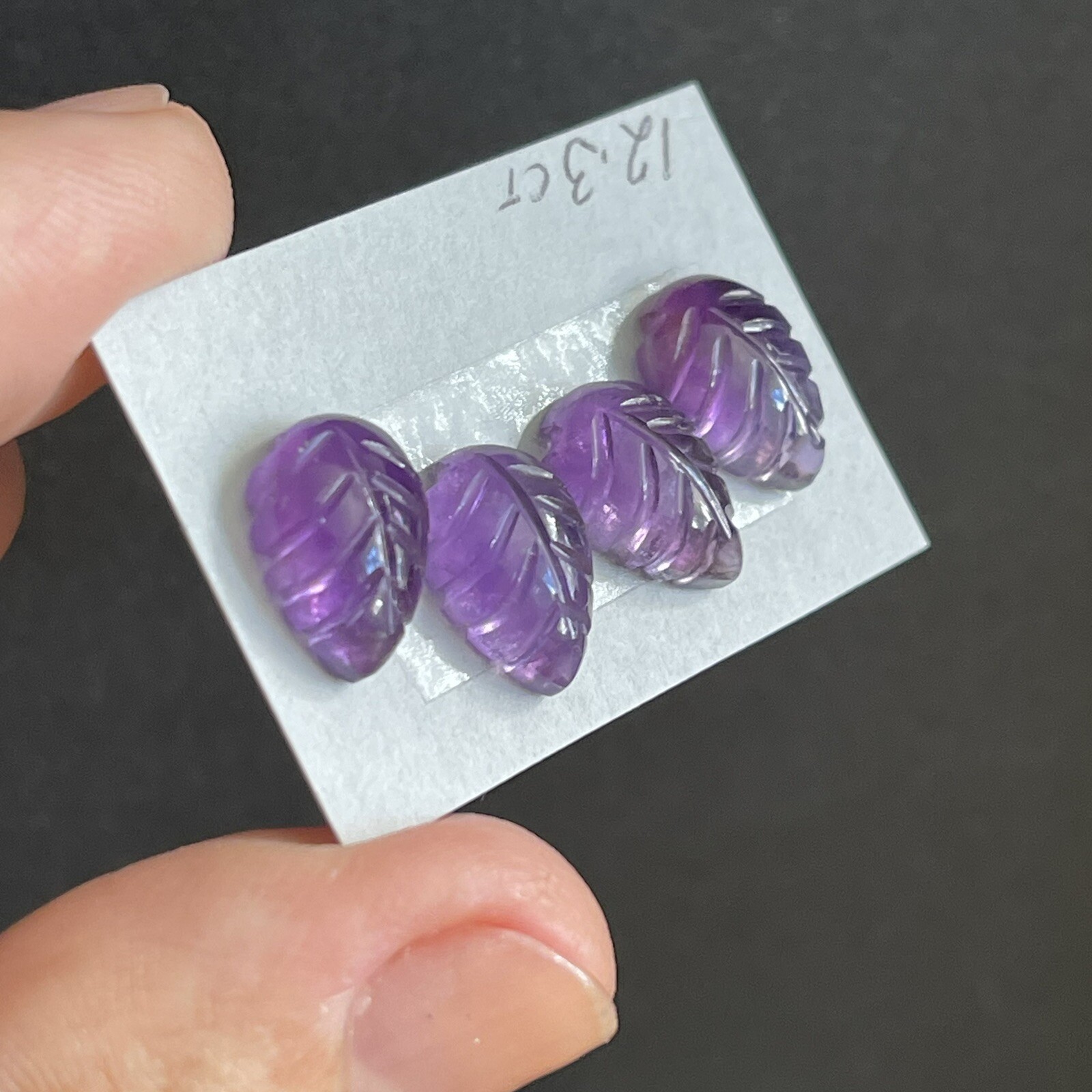 12.3ct 12x8x5mm 4pc Lot Purple Leaf Carved Flat Back Amethyst Cabochons Gems