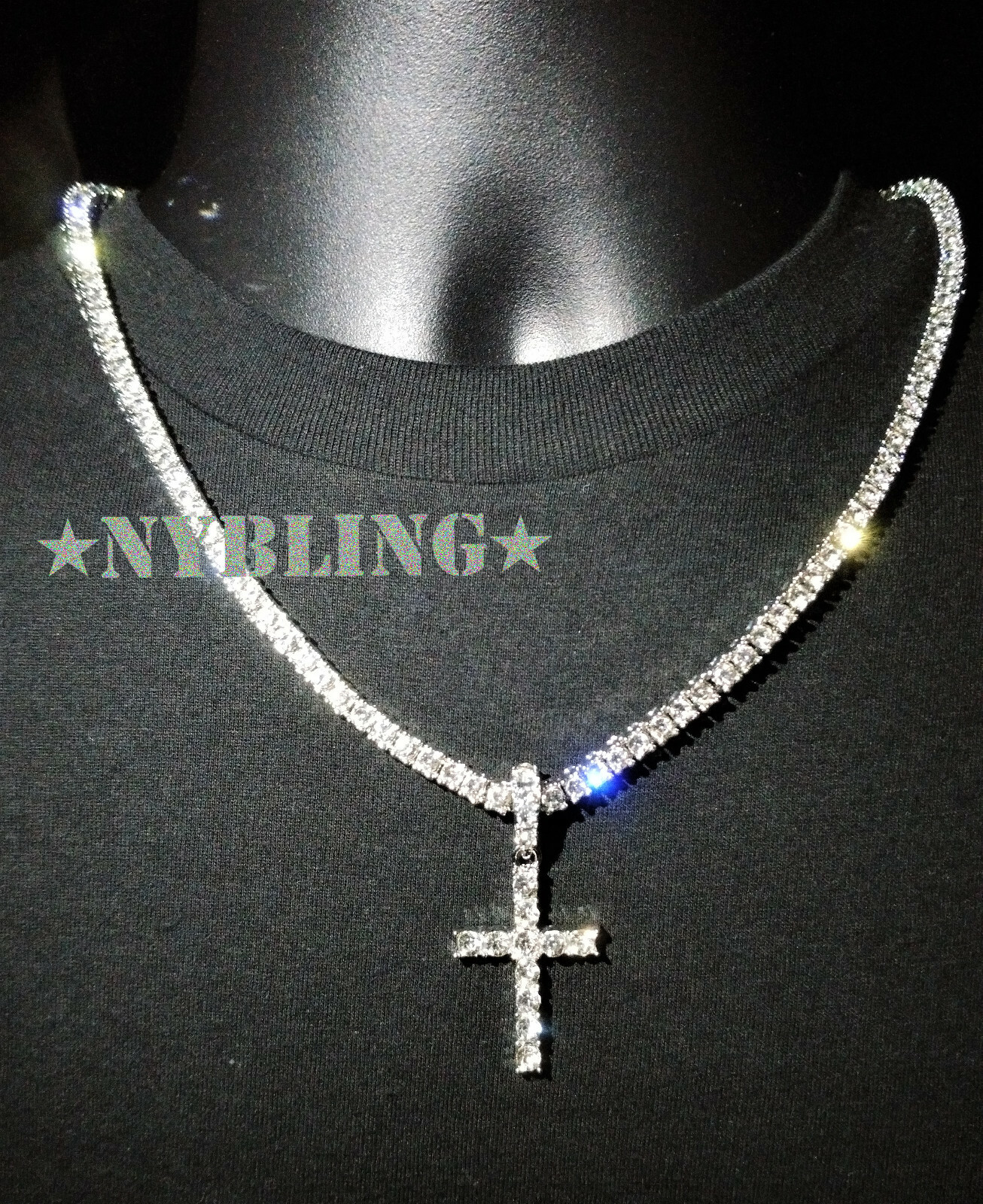 14k Gold Plated Tennis Chain Cross Pendant CZ Choker Necklace ICED Jewelry 5MM
