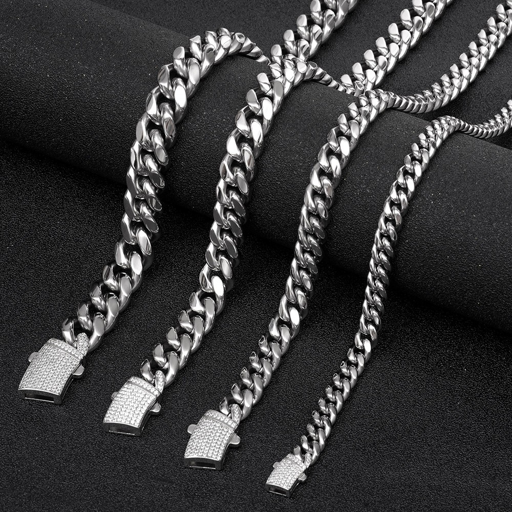 8/10/12/14mm Women Men’s Stainless Steel Cuban Link Chain Necklace Bling Lock
