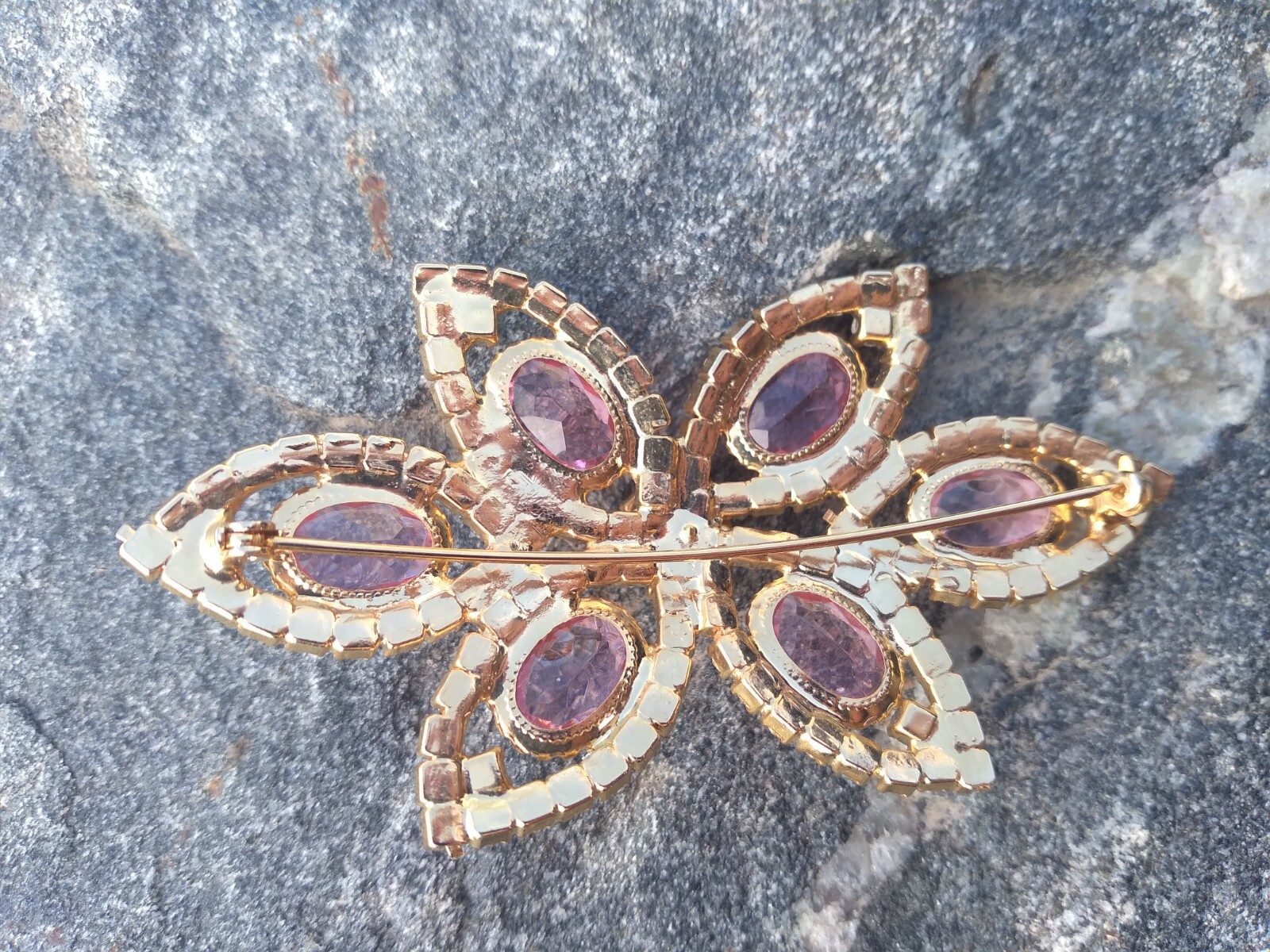 Sparkly Pink Rhinestone Brooch Gold Tone Statement 3.75 in Vintage