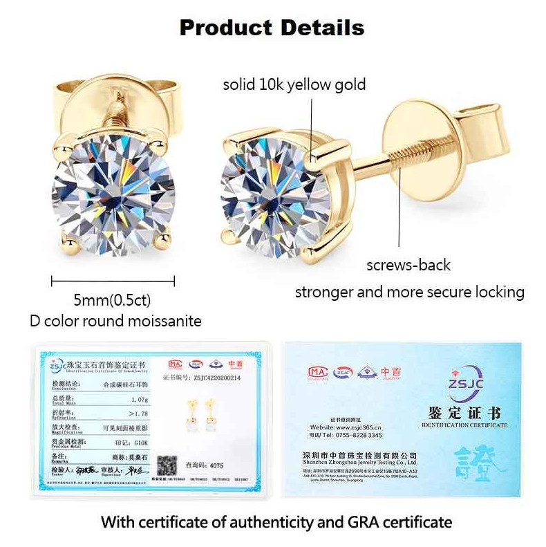 Solid 10K Yellow Gold 0.1CT-2CT D-E Moissanite Stud Earrings Screw Back Women’s