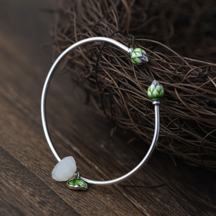 I05 Bangle Lotus Flower Leaf Bud Bright Jade Silver 925