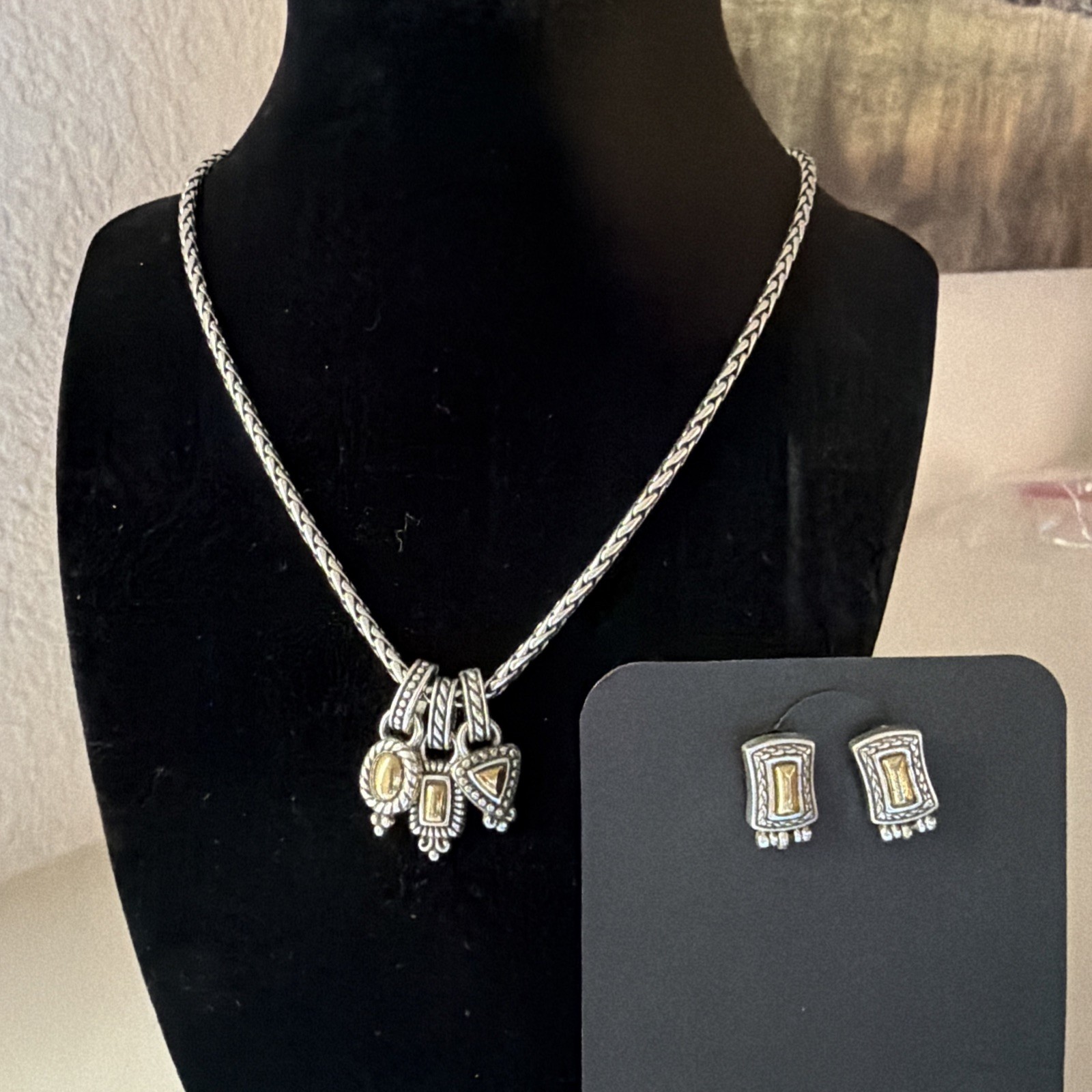 Retired Vintage Brighton Silver & Gold Tone Necklace & Earrings Set