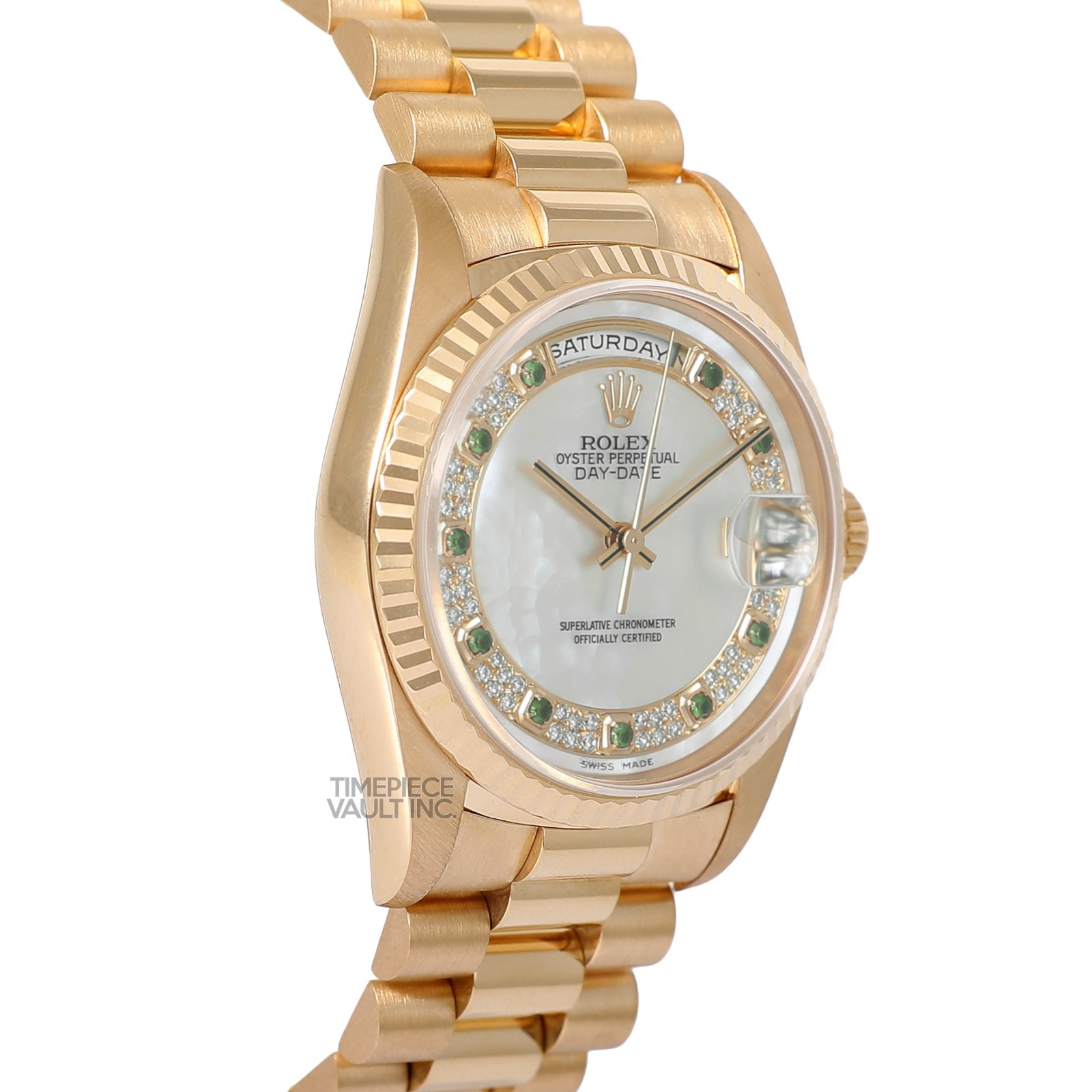 Rolex Day-Date 18k Yellow Gold 18238 36mm White MOP Diamond Pave Emerald Dial