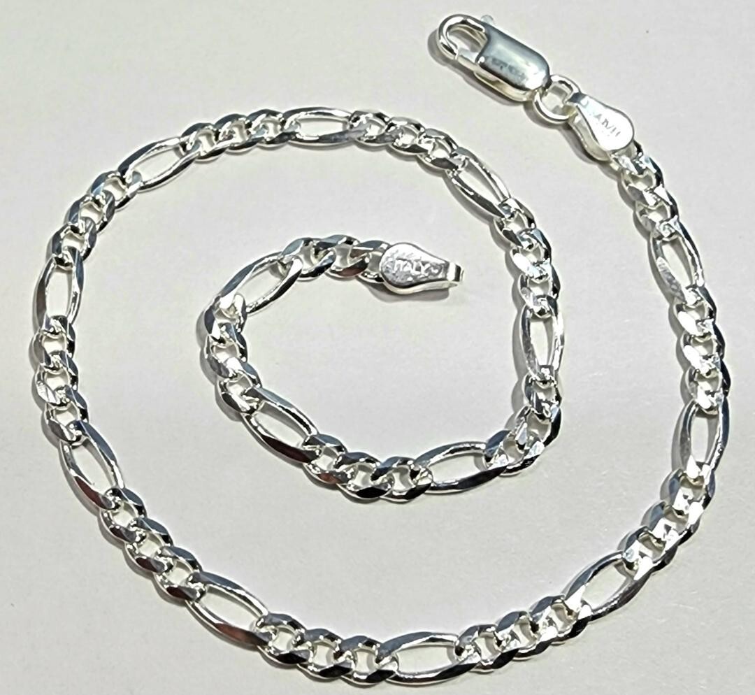 Figaro Link Bracelet 8 inch Long 925 Sterling Silver 4mm wide Italy new