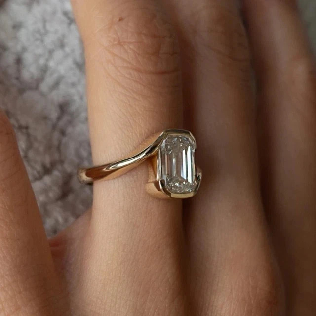 3CT Emerald Cut Moissanite Bezel Engagement Ring 14K Yellow Gold 925 Silver