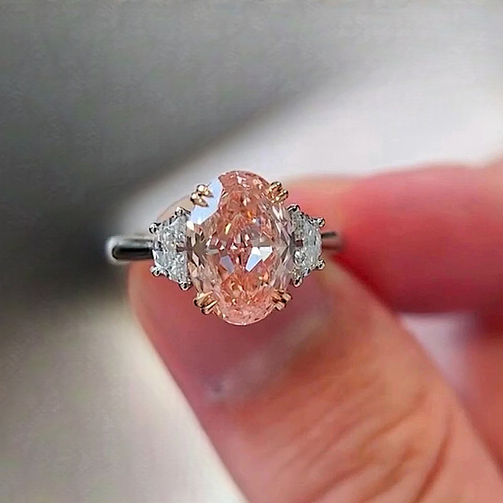 Fancy Vivid Pink Oval Cut Diamond Ring 4.70 Ct 14k Multi-Tone Gold IGI Lab Grown