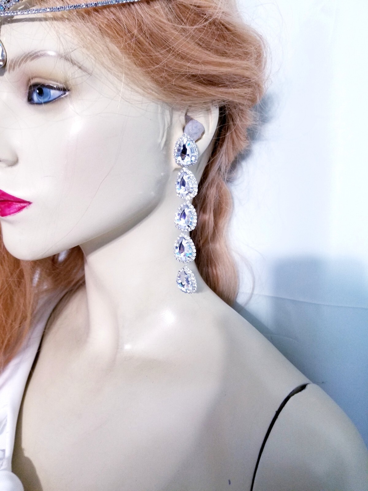 Bridesmaid Drop Dangle Chandelier Earrings 4.8 in Clear Rhinestone Pageant Prom