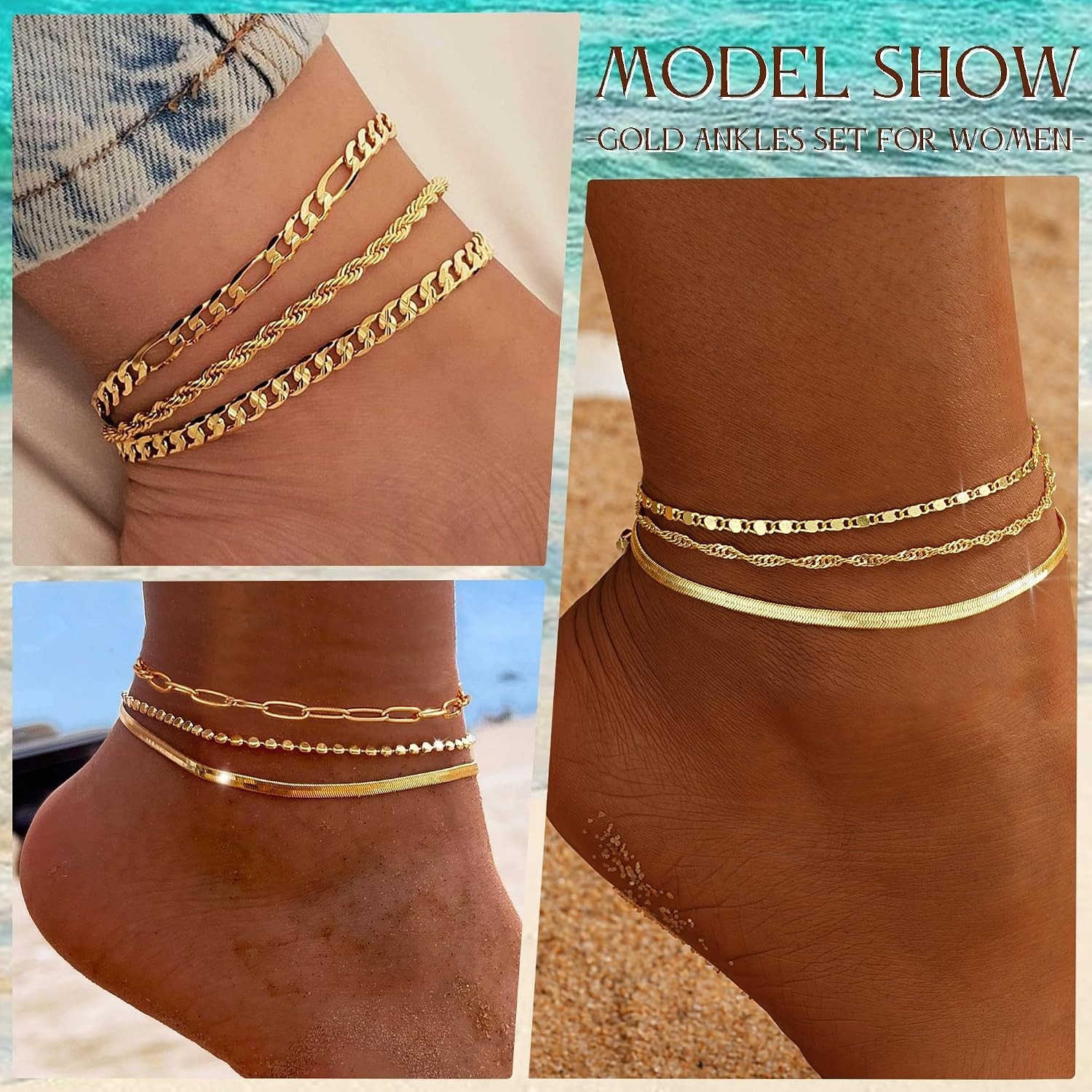 Exquisite 4k Gold Plated Cuban Link Ankle Bracelets Set – Adjustable 5pcs