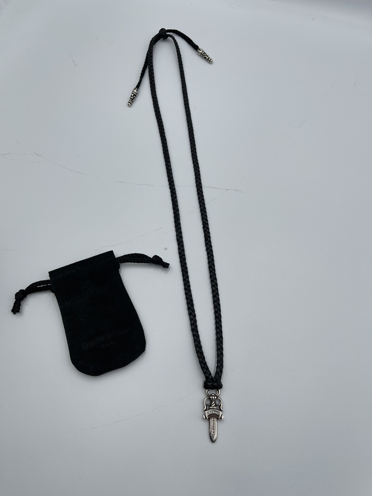 100% Authentic Chrome Hearts Dagger Pendant +CH Leather Braid Bolo/Boro Necklace