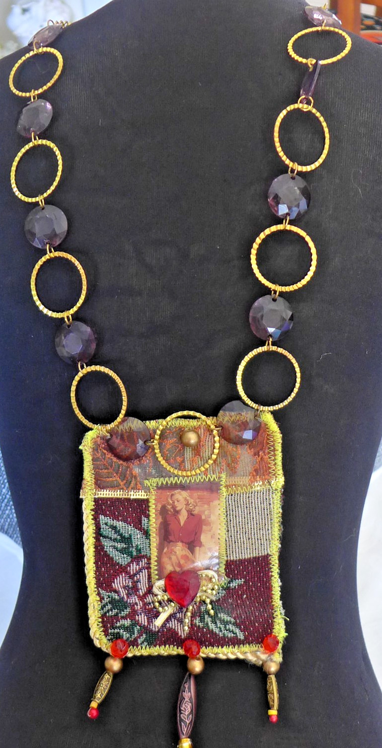 Handmade Crocheted art Necklace Cotton Fabric embroidered crocheted+ Beads