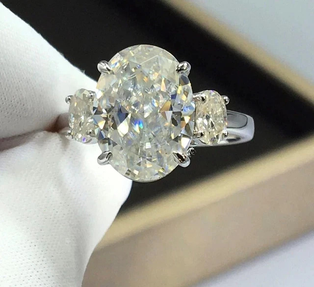 7ct Oval Cut Real Moissanite Three Stone Engagement Ring 14K White Gold Plated