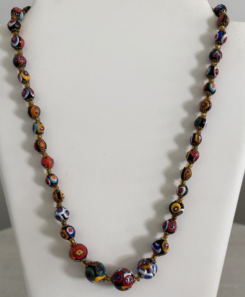 Vintage Venetian Millefiori Glass Beaded Graduated Necklace 23.25” 8.2-15.9 MM