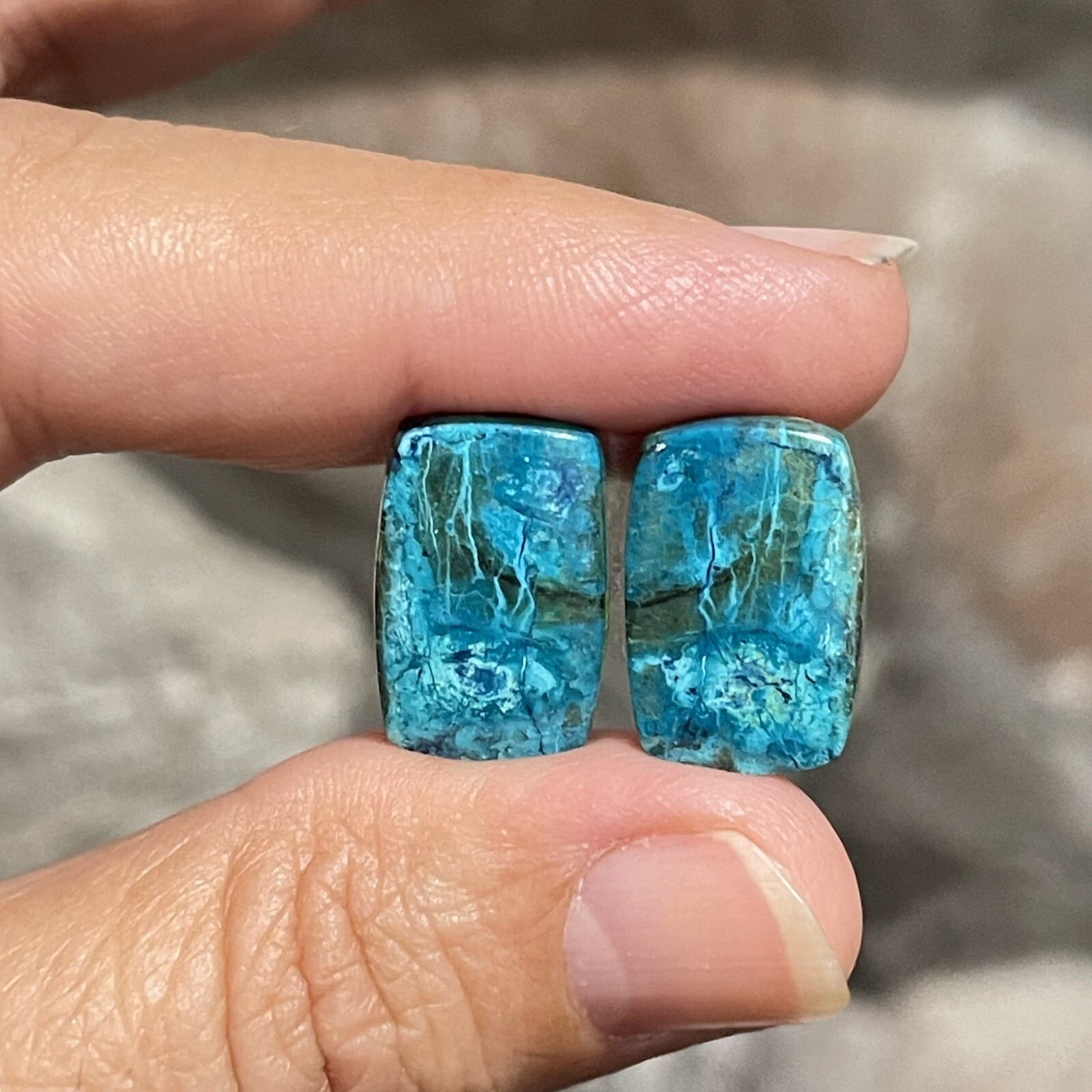 19.6ct 14.3×11.5×4.3mm Pair Of Rare Blue Shattuckite Rectangle Cabochons Gems