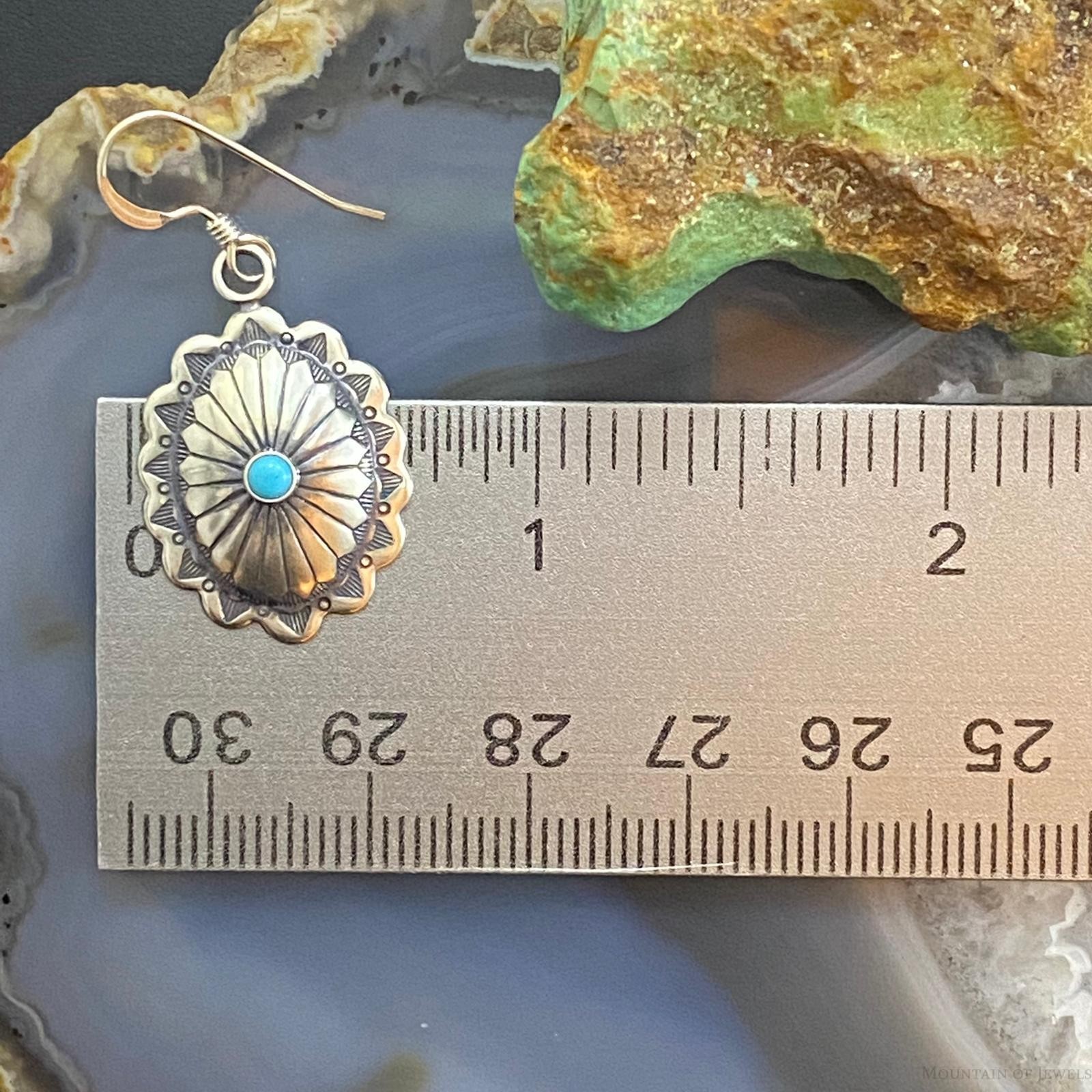 Native American Sterling Turquoise Dot Stamped Concho Dangle Earrings For Women
