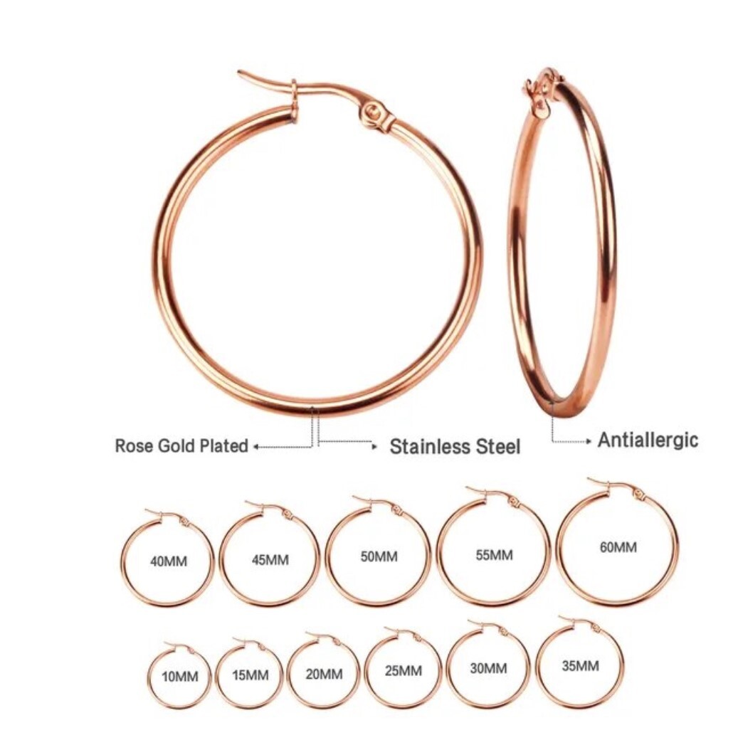 1 Pair Stainless Steel Silver Tone Hoop Earrings 10 ,15, 20, 25, 30 ,40,45,50 mm