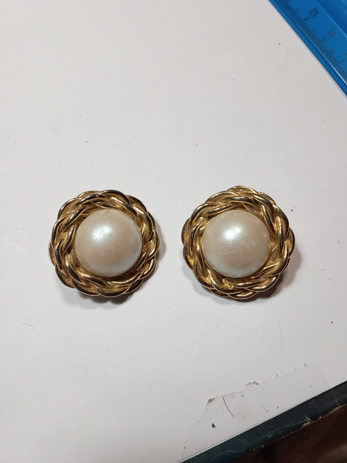 Gold Tone Rope Twist Round Stud Earrings, White Imitation Pearl, Butterfly Back