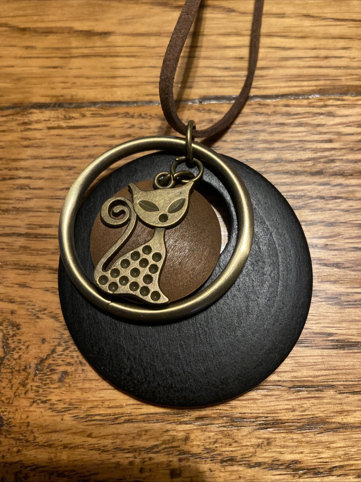 Handcrafted Cat Pendant Necklace with Wood, Brass, Brown Cord Boho