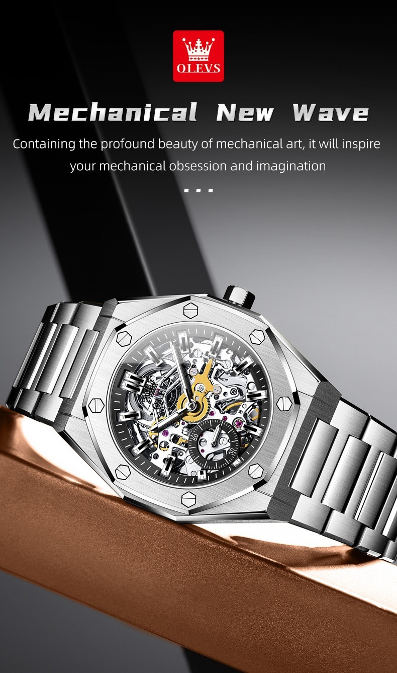 OLEVS 6669 Classic Multi-functiom Rhinestone Hollow Out Gents Mechanical Watch