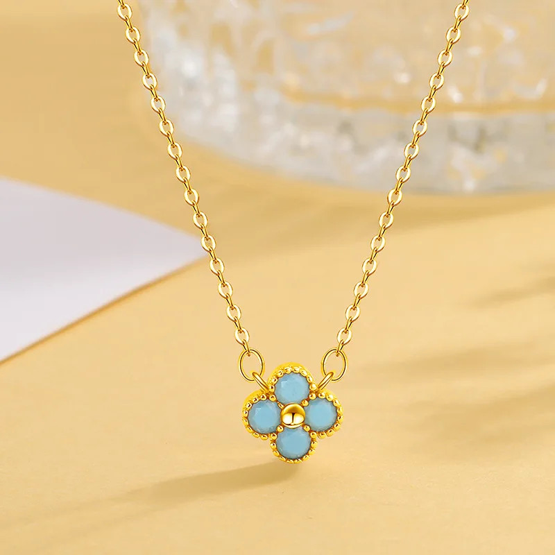 925 Sterling Silver Colorful AAA CZ Gold Clover Necklace Women Elegant Pendant