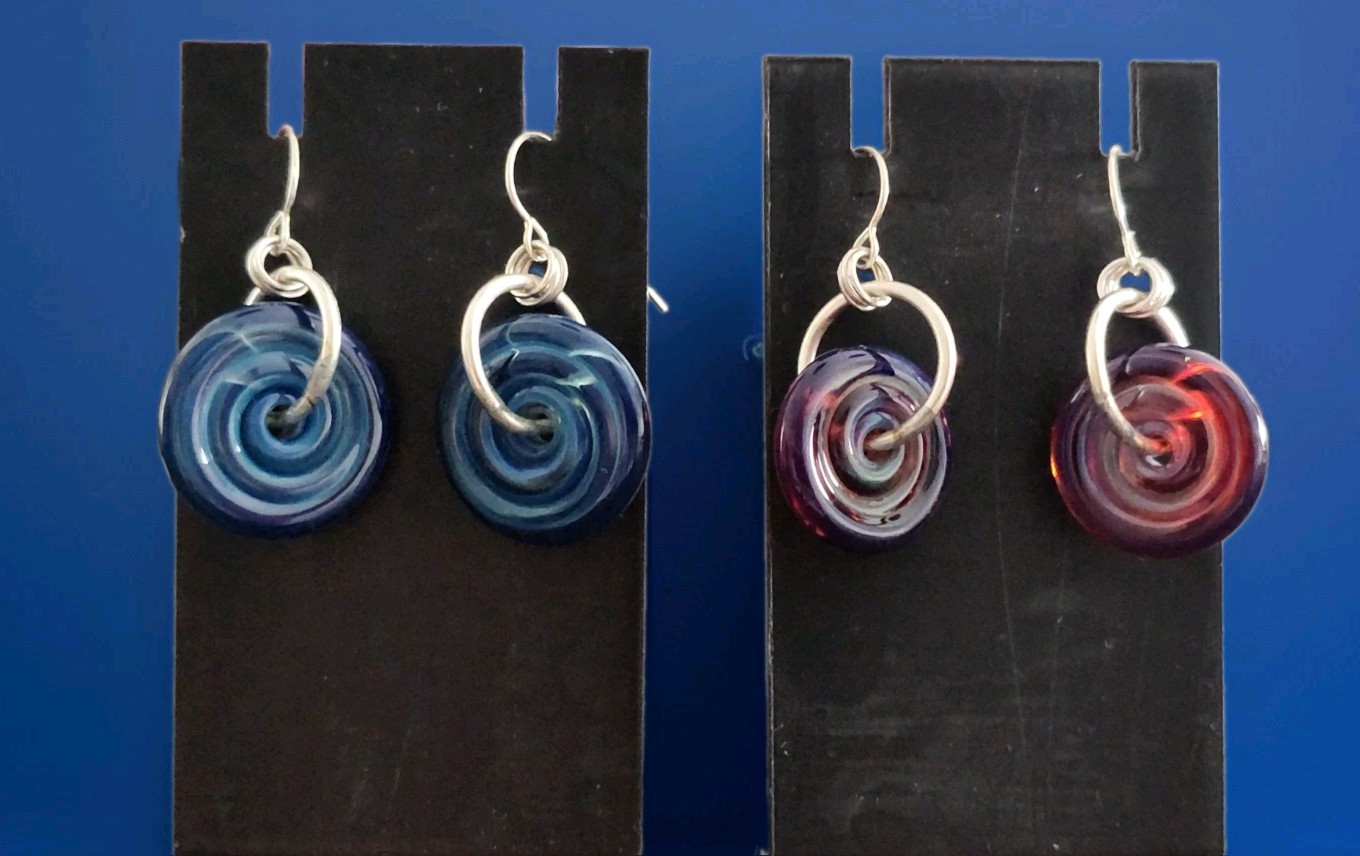 Two Pairs Sterling Silver 925 Boho Art Glass Disc Earrings – Blue And Purple