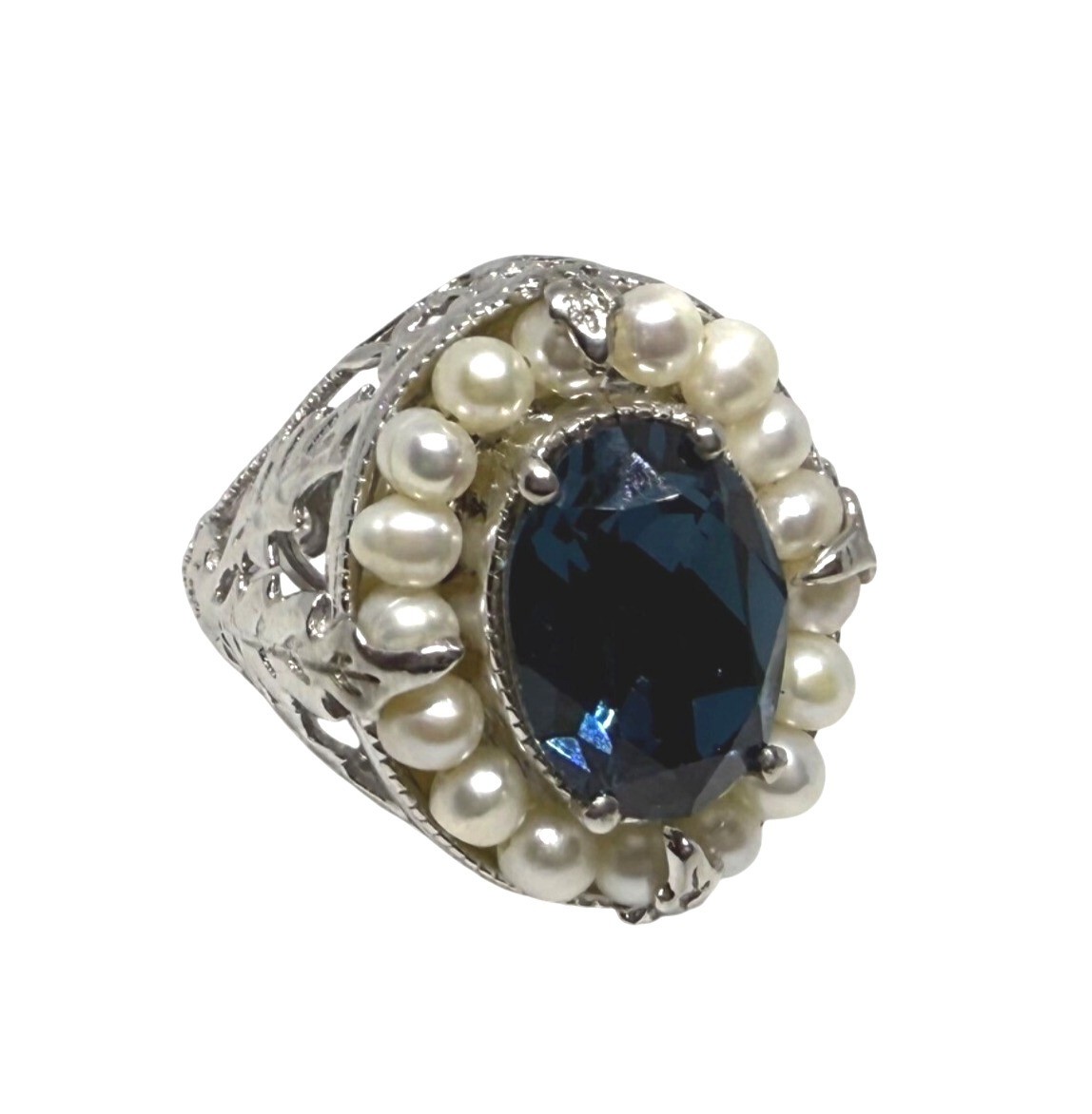 STS Karis Silver Toned Ring Blue Oval simulated gemstone Pearl Accents Intricate
