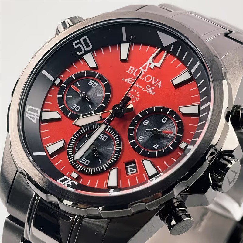 Bulova 98B350 Marine Star Men’s Chronograph Quartz Watch Red Dial Stainless 43mm