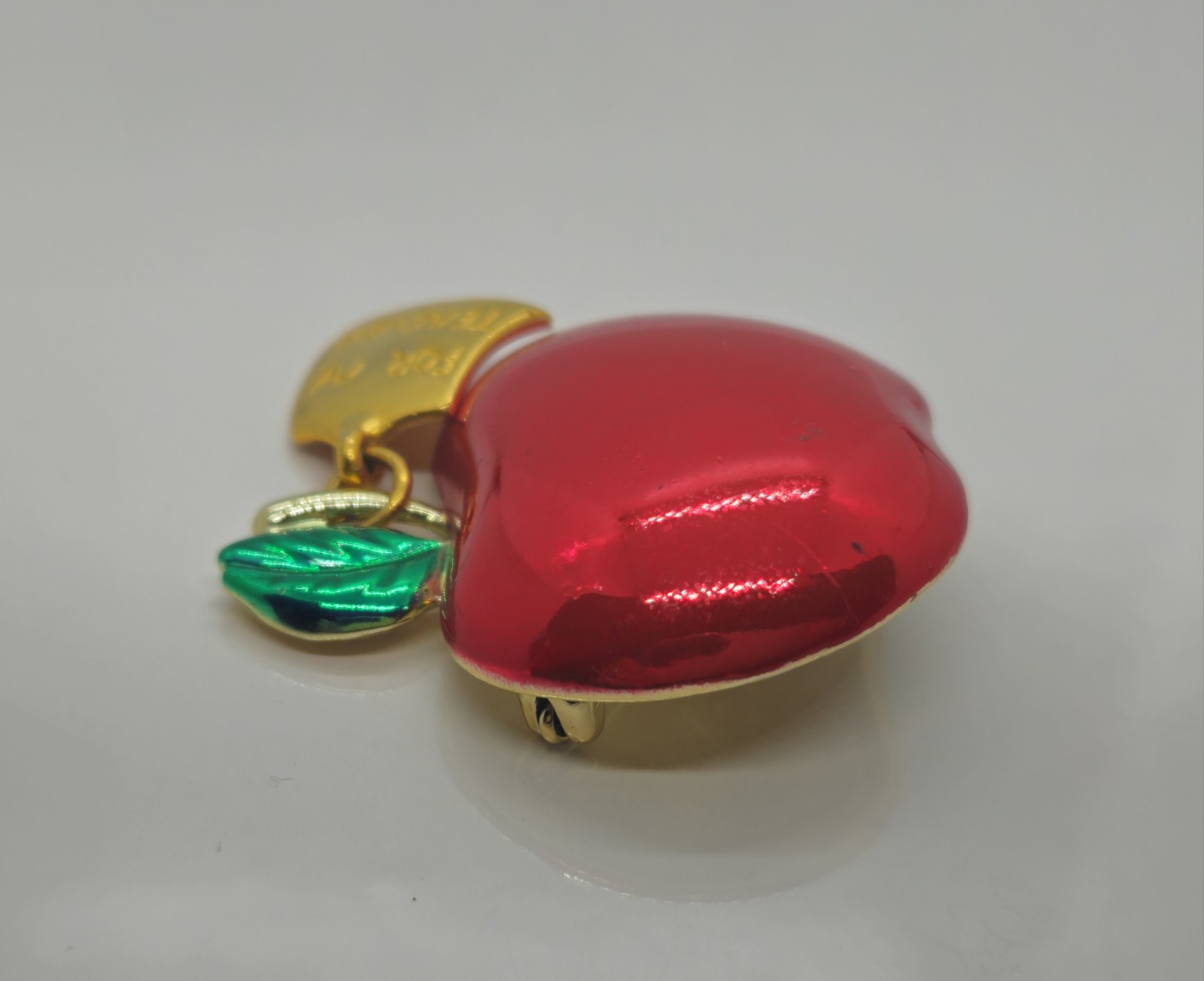 For My Teacher Red Apple Brooch Pin Metal Enamel Marked A.J.C. 1″