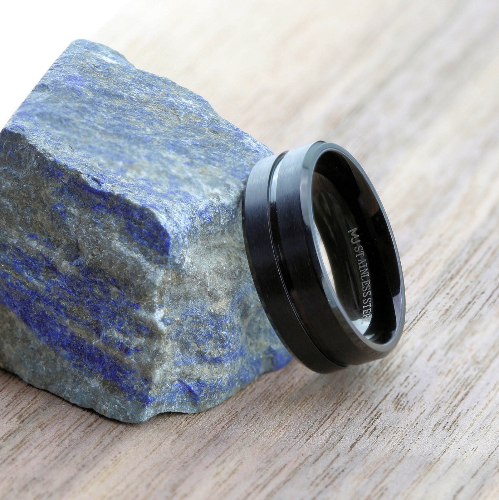 Black Plated Stainless Steel Brushed Beveled Edge or Center Groove 6 or 8mm Ring